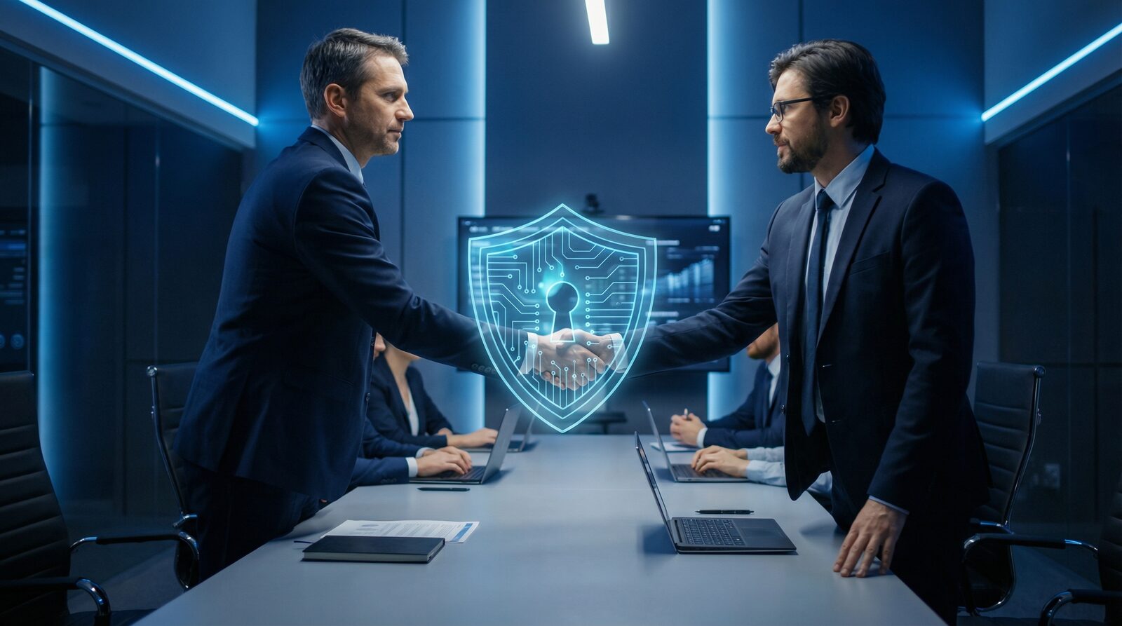 Custom security consulting engagement with professional handshake and digital security overlay
