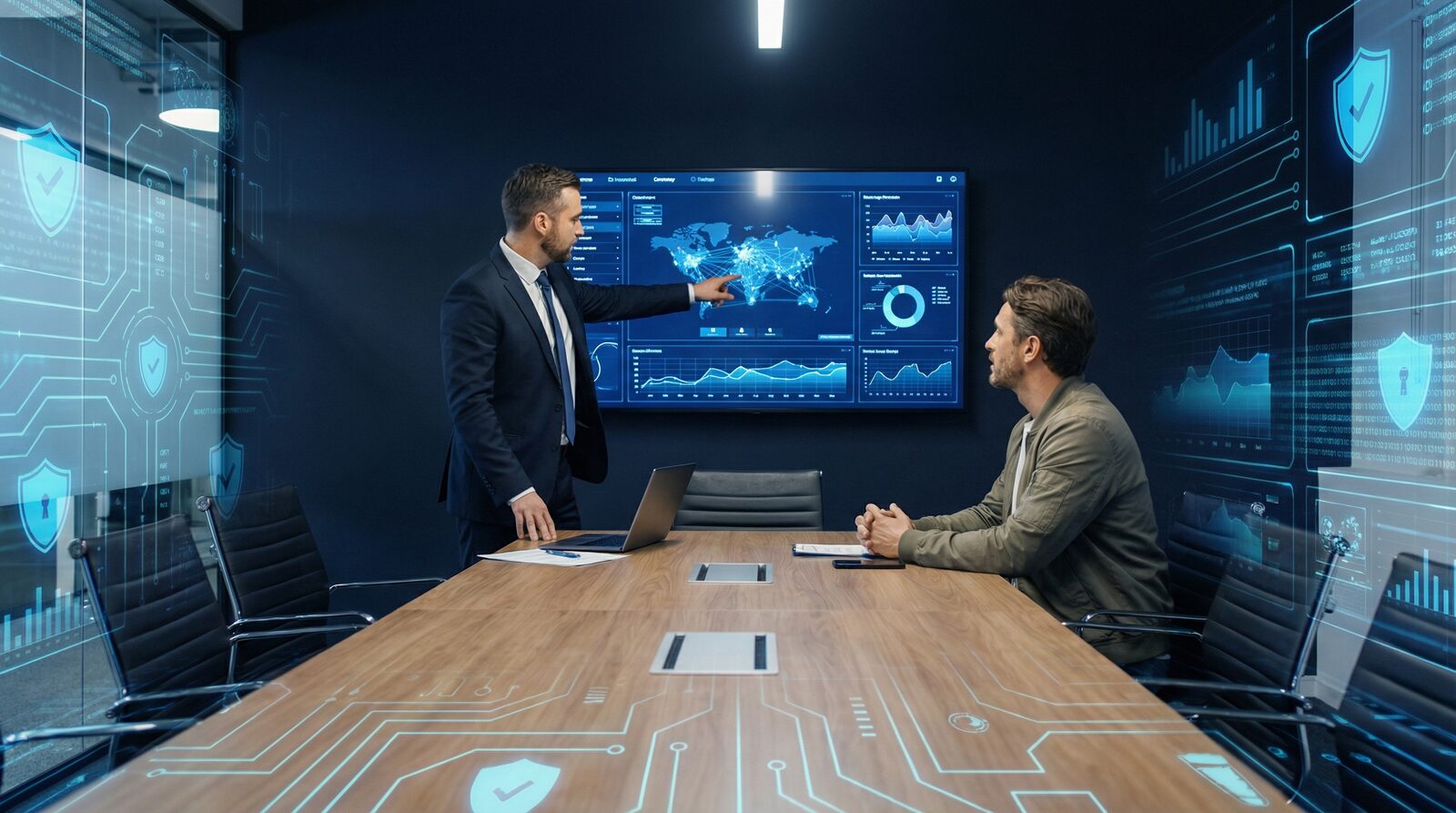 Security consultant reviewing infrastructure with a business owner